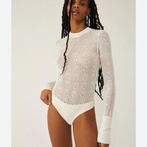 Free People Sunday Best Lace Sheer Bodysuit Long Sleeve Medium Ivory White EUC